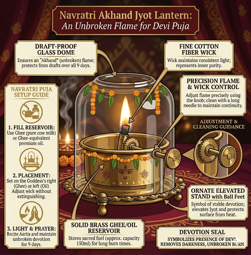 Brass Akhand Diya with Glass Cover Windproof Oil Lamp for Pooja, Temple & Spiritual Home Decor