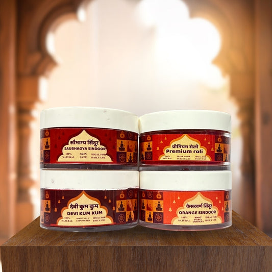 Product Title: Poojashala Tilak Essentials Combo – Pack of 4 (Roli, Kumkum, Sindoor & Orange Sindoor) | 100% Natural, Ritual Grade