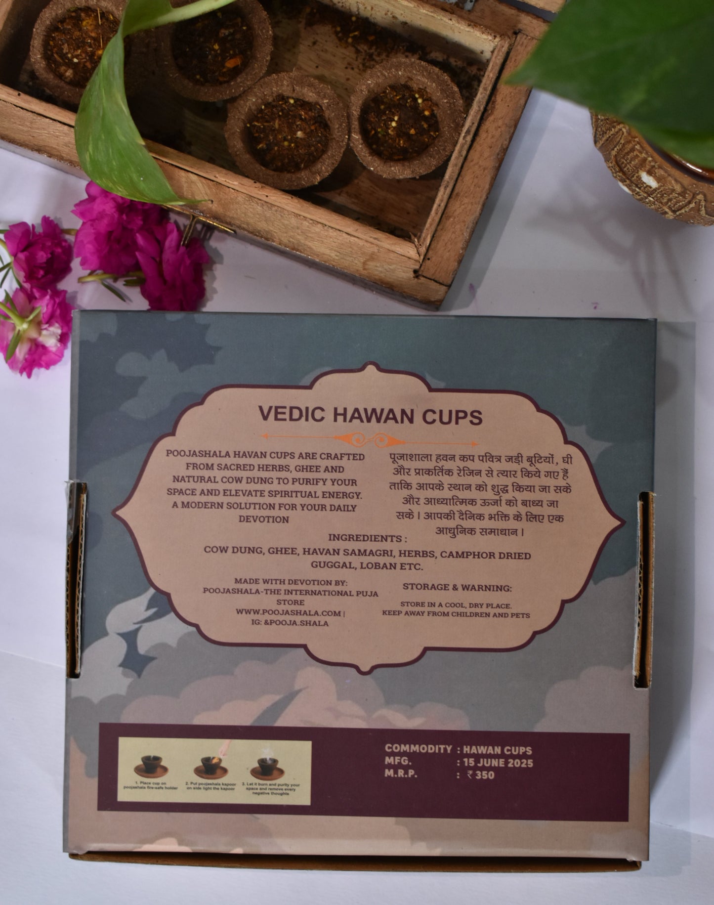 Poojashala VEDIC Hawan Cups (12 Pcs) - Ready-to-Use Cow Dung Dhoop Samagri w/ FREE Fire-Safe Tray | Low Smoke | Daily Pooja