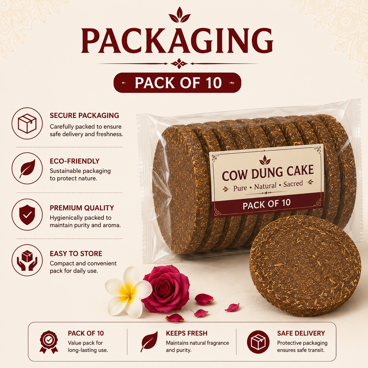 Poojashala Cow Dung Cake (Gomay Upla) – Pack of 10 | 100% Pure Desi Cow Dung | For Hawan, Agnihotra & Vedic Rituals