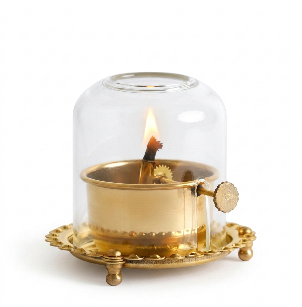 Brass Akhand Diya with Glass Cover Windproof Oil Lamp for Pooja, Temple & Spiritual Home Decor