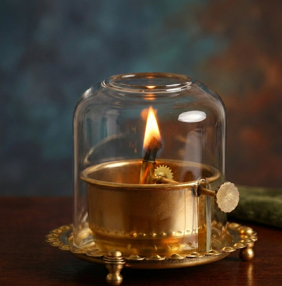 Brass Akhand Diya with Glass Cover Windproof Oil Lamp for Pooja, Temple & Spiritual Home Decor