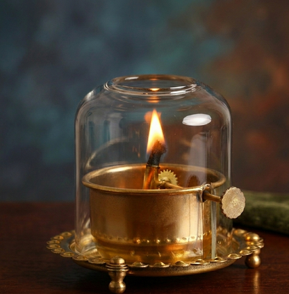 Brass Akhand Diya with Glass Cover Windproof Oil Lamp for Pooja, Temple & Spiritual Home Decor
