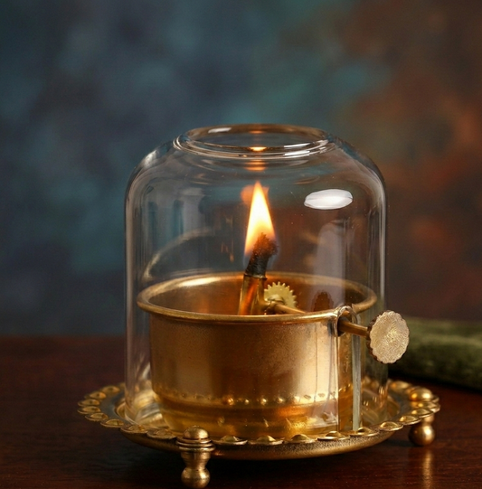 Brass Akhand Diya with Glass Cover Windproof Oil Lamp for Pooja, Temple & Spiritual Home Decor