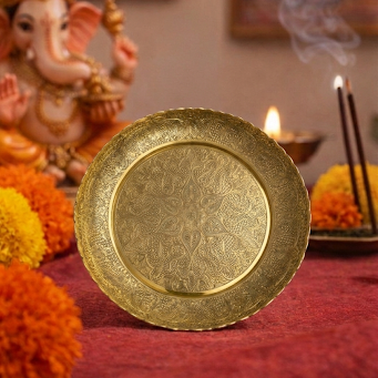 Handcrafted Brass Engraved Pooja Thali Traditional Decorative Plate for Aarti, Home Temple & Festive Rituals