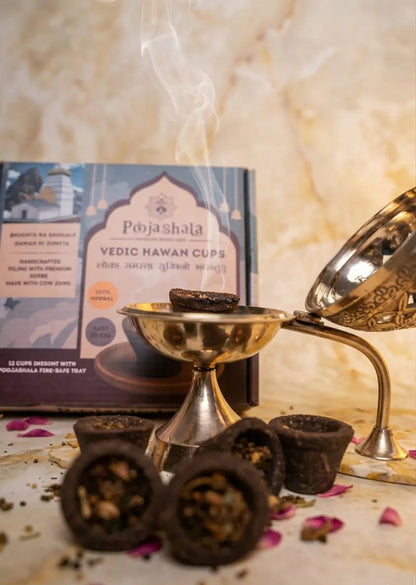 Poojashala Vedic Hawan Cups (Pack of 12) + Brass Loban Daan Stand – Complete Hawan Combo | 100% Natural | Premium Gifting Set