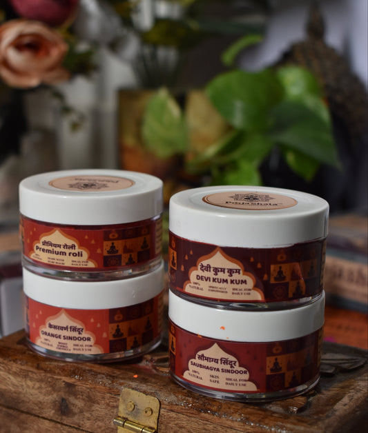 Product Title:  Poojashala Tilak Essentials Combo – Pack of 4 (Roli, Kumkum, Sindoor & Orange Sindoor) | 100% Natural, Ritual Grade