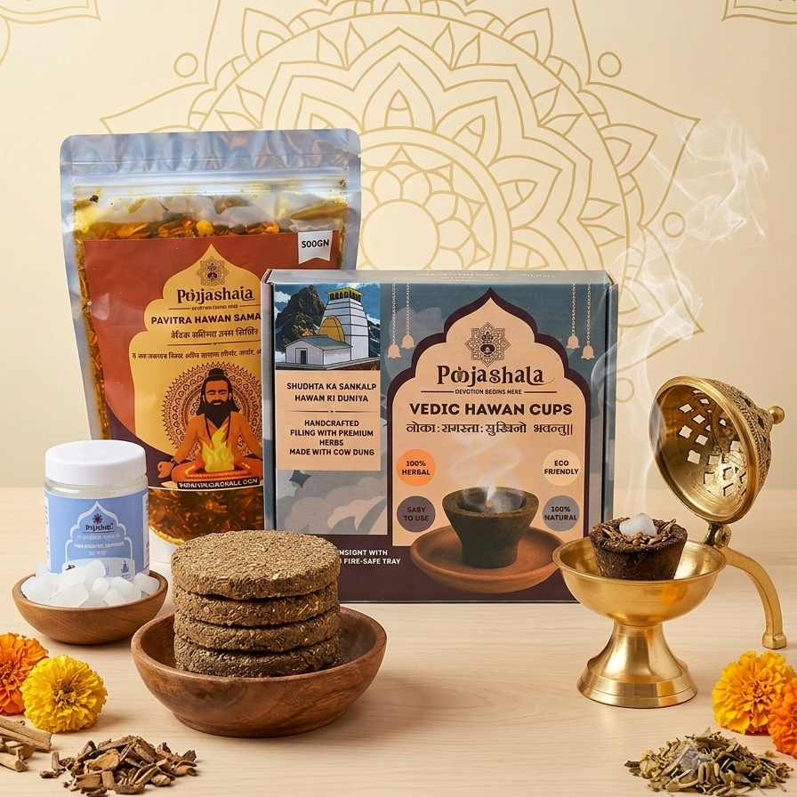 Poojashala Premium Ritual Kit – Hawan Cup + Brass Loban Daan + Samagri + Camphor + Cow Dung Cake |