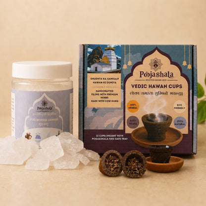 Poojashala Hawan Cup + Bhimseni Camphor Combo – Hawan Cups (Pack of 12) + 100g Pure Kapoor | Complete Aarti Set