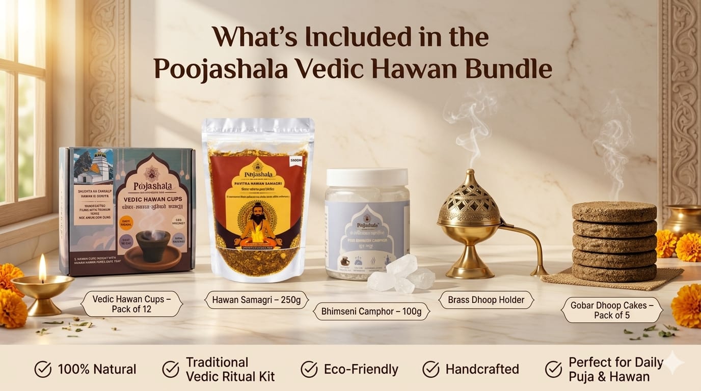 Poojashala Premium Ritual Kit – Hawan Cup + Brass Loban Daan + Samagri + Camphor + Cow Dung Cake |