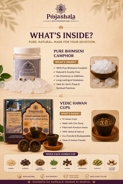 Poojashala Hawan Cup + Bhimseni Camphor Combo – Hawan Cups (Pack of 12) + 100g Pure Kapoor | Complete Aarti Set