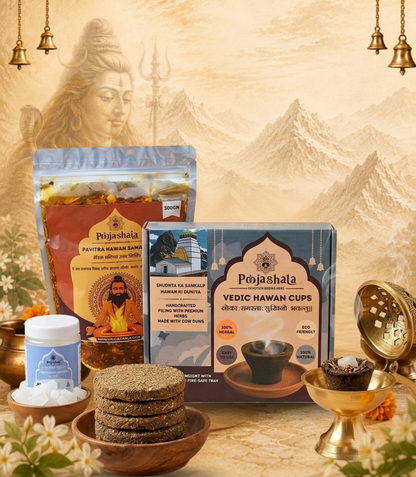 Poojashala Premium Ritual Kit – Hawan Cup + Brass Loban Daan + Samagri + Camphor + Cow Dung Cake |