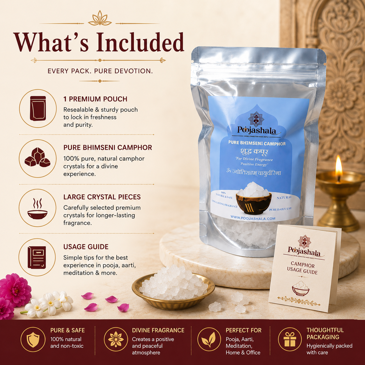 Poojashala Bhimseni Camphor 200g – 100% Pure Natural Ayurvedic Kapoor | No Chemicals | Burns Clean for Aarti & Hawan