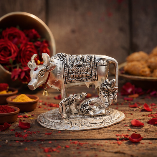 Silver Plated Kamdhenu Cow with Calf Idol – Sacred Hindu Pooja Statue for Home Temple, Vastu & Spiritual Decor