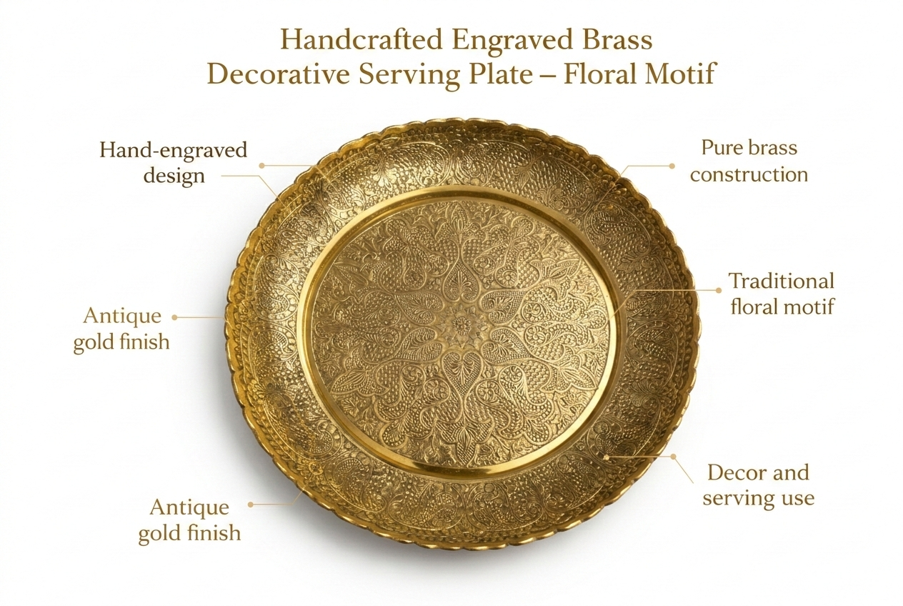 Handcrafted Brass Engraved Pooja Thali Traditional Decorative Plate for Aarti, Home Temple & Festive Rituals