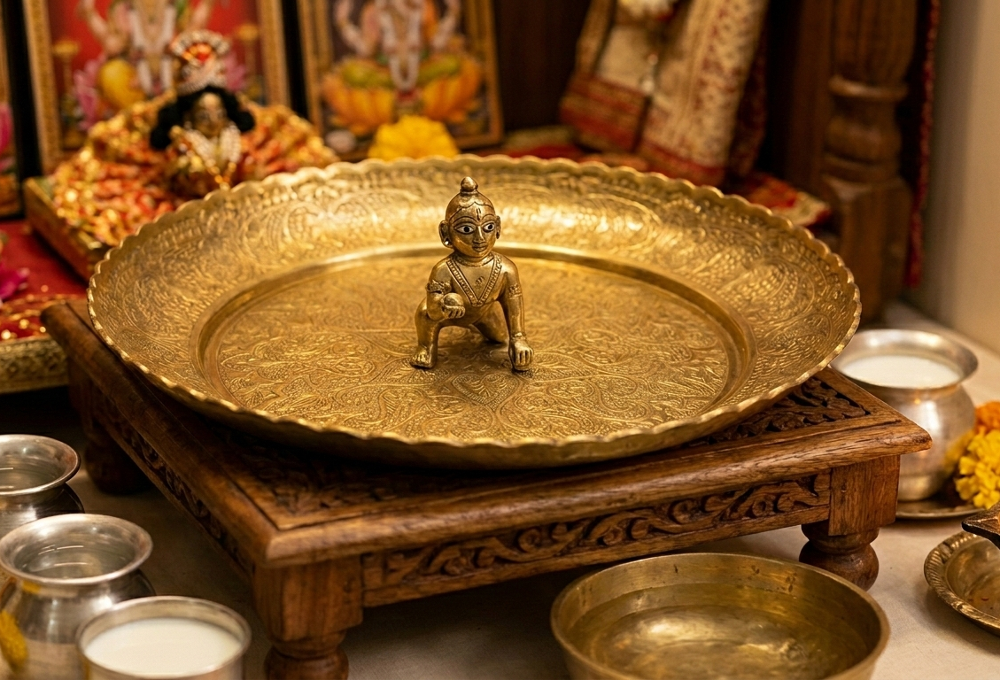 Handcrafted Brass Engraved Pooja Thali Traditional Decorative Plate for Aarti, Home Temple & Festive Rituals